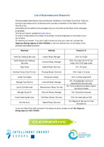 List of Businesses and Discounts The businesses listed below have all become members of the Clean Drive Club. They are willing to give discounts to Customers who are also a member of the Clean Drive Club. This list is no