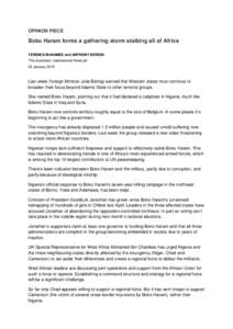 OPINION PIECE  Boko Haram forms a gathering storm stalking all of Africa TERENCE McNAMEE and ANTHONY BERGIN The Australian, International News p9 26 January 2015