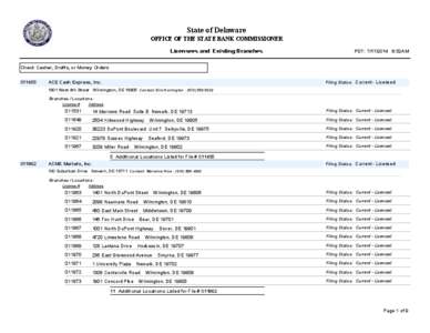 State of Delaware OFFICE OF THE STATE BANK COMMISSIONER Licensees and Existing Branches PDT: [removed]:52AM