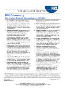 Bill Summary  The Andhra Pradesh Reorganisation Bill, 2014   The Andhra Pradesh Reorganisation Bill, 2014 was