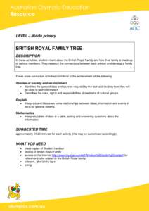 LEVEL – Middle primary  BRITISH ROYAL FAMILY TREE DESCRIPTION In these activities, students learn about the British Royal Family and how their family is made up of various members. They research the connections between