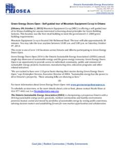    	
   Green Energy Doors Open - Self guided tour of Mountain Equipment Co-op in Ottawa (Ottawa,	
  ON,	
  October	
  2,	
  2013)	
  Mountain	
  Equipment	
  Co-­‐op	
  (MEC)	
  is	
  offering	
  a	
  s