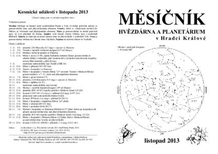 Kosmické události v listopadu 2013 (Časové údaje jsou ve středoevropském čase) Viditelnost planet: Merkur kličkuje na hranici mezi souhvězdími Panny a Vah, ve druhé polovině měsíce je pozorovatelný ráno 