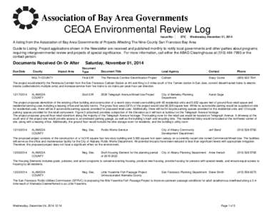CEQA Environmental Review Log Issue No: 375  Wednesday, December 31, 2014