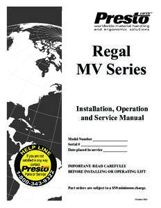 Regal MV Series Installation, Operation and Service Manual Model Number ___________________ Serial # _________________________