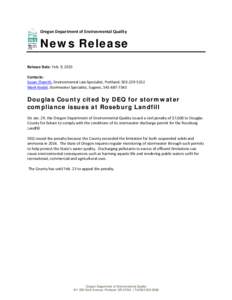 Oregon Department of Environmental Quality  News Release Release Date: Feb. 9, 2015 Contacts: Susan Elworth, Environmental Law Specialist, Portland, [removed]