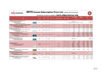 2015 Annual Subscription Price List All electronic journals are available at www.edpsciences.org France