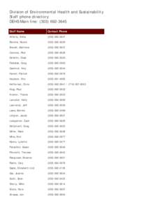 Division of Environmental Health and Sustainability Staff phone directory DEHS Main line: (Staff Name  Contact Phone