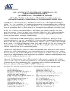 FOR IMMEDIATE RELEASE  AEG FACILITIES ACCOUNTS FOR 80% OF TICKET SALES IN THE TOP FIVE ARENAS WORLDWIDE IN POLLSTAR MAGAZINE’S 2013 YEAR-END RANKINGS AEG Facilities’ The O2 in London Ranks No. 1 Worldwide for Seventh