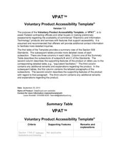 VPAT™ Voluntary Product Accessibility Template® Version 1.3 The purpose of the Voluntary Product Accessibility Template, or VPAT™, is to assist Federal contracting officials and other buyers in