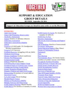 Http://webpages.charter.net/starjim SUPPORT & EDUCATION GROUP DETAILS REVISED September 20, 2014  Support & Education Groups are listed in same order as on the Directory