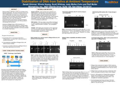 Stabilization of DNA from Saliva at Ambient Temperature Senait Ghirmai, Winnie Huang, Scott Whitney, Judy Muller-Cohn and Rolf Muller Biomatrica, Inc., 5627 Oberlin Drive, Suite 120, San Diego, CA[removed]ABSTRACT  MATERIA