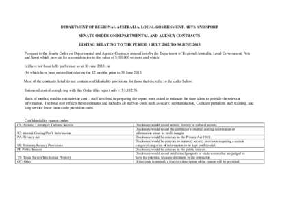 DEPARTMENT OF REGIONAL AUSTRALIA, LOCAL GOVERNMENT, ARTS AND SPORT SENATE ORDER ON DEPARTMENTAL AND AGENCY CONTRACTS LISTING RELATING TO THE PERIOD 1 JULY 2012 TO 30 JUNE 2013 Pursuant to the Senate Order on Departmental