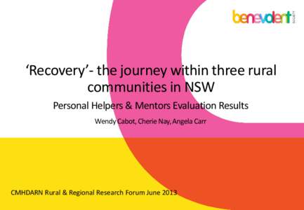 ‘Recovery’- the journey within three rural communities in NSW Personal Helpers & Mentors Evaluation Results Wendy Cabot, Cherie Nay, Angela Carr  CMHDARN Rural & Regional Research Forum June 2013