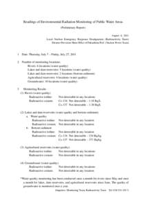 Readings of Environmental Radiation Monitoring of Public Water Areas (Preliminary Report) August 4, 2011 Local Nuclear Emergency Response Headquarters (Radioactivity Team) Disaster Provision Main Office of Fukushima Pref