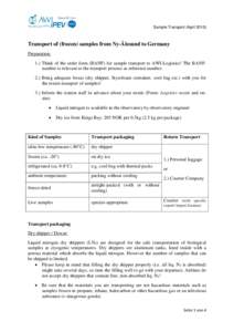 Sample Transport (April[removed]Transport of (frozen) samples from Ny-Ålesund to Germany Preparation: 1.) Think of the order form (BANF) for sample transport to AWI-Logistics! The BANFnumber is relevant to the transport 