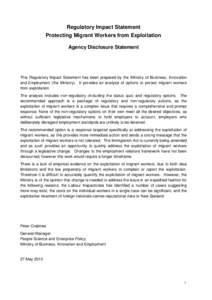 Regulatory Impact Statement – Immigration Amendment Bill: Protecting Migrant Workers from Exploitation