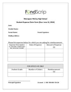 Monsignor McCoy High School Student Expense Claim Form (Due: June 12, 2014) Date: Student Name: Parent Name: