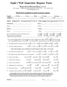 Septic / Well Inspection Request Form Kingman County Planning & Zoning (KMCOPZ) 130 N. Spruce Kingman, Kansas[removed]Phone: [removed]removed]