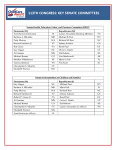 113TH CONGRESS: KEY SENATE COMMITTEES  Senate Health, Education, Labor, and Pensions Committee (HELP) Democrats (12) Tom Harkin (Chairman)