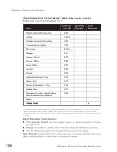 SECTION 4. INTERACTIVE RESEARCH  W A S T E W AT E R T R E A T M E N T D E S I G N C H A L L E N G E Par ts Lis t and Cos t Analysis For m  Item