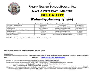 1 of 1  RAMAH NAVAJO SCHOOL BOARD, INC. NAVAJO PREFERENCE EMPLOYER JOB VACANCY Wednesday, January 15, 2014