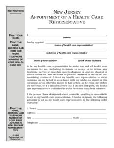 INSTRUCTIONS ———— NEW JERSEY APPOINTMENT OF A HEALTH CARE REPRESENTATIVE