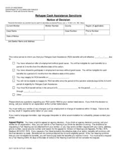 STATE OF WISCONSIN DEPARTMENT OF CHILDREN AND FAMILIES Division of Family and Economic Security Refugee Cash Assistance Sanctions Notice of Decision