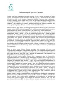 En hommage à Marion Chesnais Comme vous l’avez appris par un message antérieur, Marion Chesnais est décédée le 7 mars dernier. Elle a été une membre très active de la SELF qui lui a décerné le titre de membre