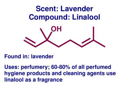 Scent: Lavender Compound: Linalool OH Found in: lavender Uses: perfumery; 60-80% of all perfumed