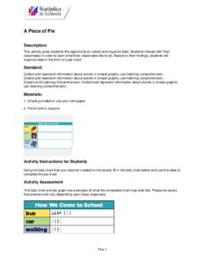 A Piece of Pie Description: This activity gives students the opportunity to collect and organize data. Students interact with their classmates in order to learn what their classmates like to do. Based on their findings, 