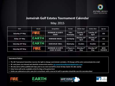 Jumeirah Golf Estates Tournament Calendar May 2015 Date Course