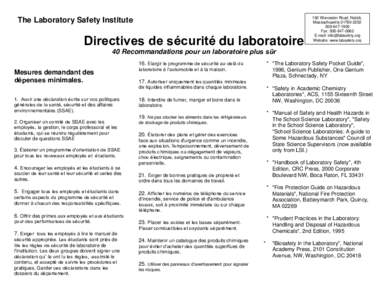 The Laboratory Safety Institute  Directives de sécurité du laboratoire 192 Worcester Road, Natick, Massachusetts