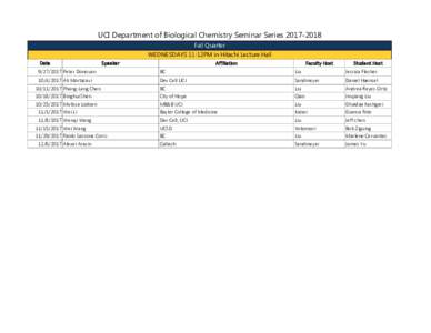 UCI Department of Biological Chemistry Seminar SeriesFall Quarter WEDNESDAYS 11-12PM in Hitachi Lecture Hall Date  Speaker