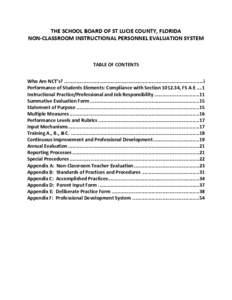 THE SCHOOL BOARD OF ST LUCIE COUNTY, FLORIDA NON-CLASSROOM INSTRUCTIONAL PERSONNEL EVALUATION SYSTEM TABLE OF CONTENTS Who Are NCT’s? ....................................................................................