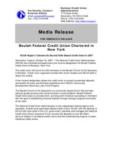 Media Release -Beulah Federal Credit Union Chartered in New York