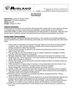 5900 Parretta Drive ● KANSAS CITY, MISSOURI ● 64120 TELEPHONE: ([removed] ● FAX: ([removed]WEBSITE: www.midlandradio.com ● EMAIL: [removed] Job Description Sales Manager