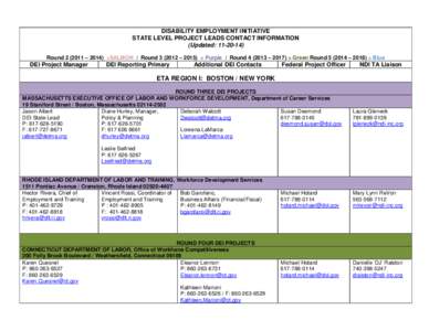 DISABILITY EMPLOYMENT INITIATIVE STATE LEVEL PROJECT LEADS CONTACT INFORMATION (Updated: [removed]Round[removed] – 2014) =SALMON / Round[removed] – 2015) = Purple / Round[removed] – 2017) = Green Round[removed] – 20