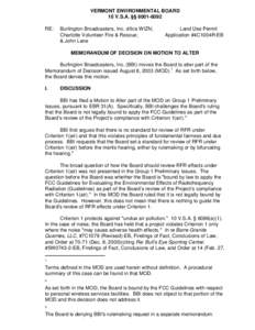 VERMONT ENVIRONMENTAL BOARD 10 V.S.A. §§ [removed]RE: Burlington Broadcasters, Inc. d/b/a WIZN; Charlotte Volunteer Fire & Rescue;