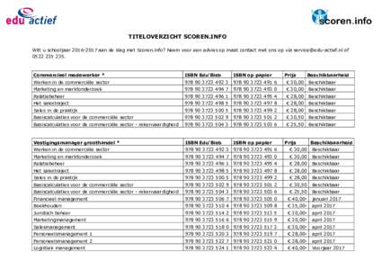 TITELOVERZICHT SCOREN.INFO Wilt u schooljaaraan de slag met Scoren.info? Neem voor een advies op maat contact met ons op via  ofCommercieel medewerker *