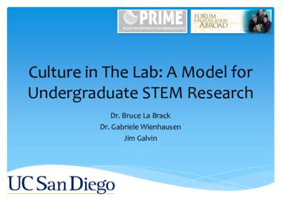 Culture in The Lab: A Model for Undergraduate STEM Research Dr. Bruce La Brack Dr. Gabriele Wienhausen Jim Galvin