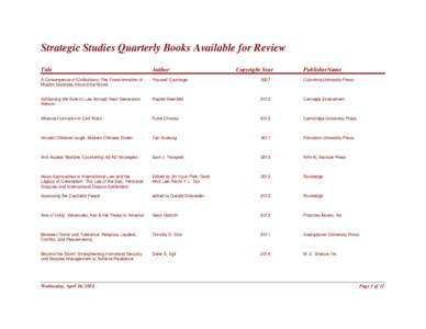 Strategic Studies Quarterly Books Available for Review Title Author  A Convergence of Civlizations: The Transformation of