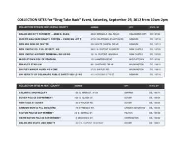 COLLECTION SITES for “Drug Take Back” Event, Saturday, September 29, 2012 from 10am-2pm COLLECTION SITES IN NEW CASTLE COUNTY ADDRESS  CITY