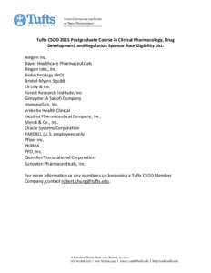 Tufts CSDD 2015 Postgraduate Course in Clinical Pharmacology, Drug Development, and Regulation Sponsor Rate Eligibility List: Amgen Inc. Bayer Healthcare Pharmaceuticals Biogen Idec, Inc. Biotechnology (BIO)