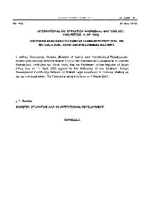 International Co-operation in Criminal Matters Act: Ratification of Southern African Development Community Protocol on Mutual Legal Assistance in Criminal Matters