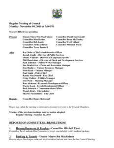 Regular Meeting of Council Monday, November 08, 2010 at 7:00 PM Mayor Clifford Lee presiding