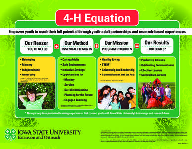 4-H Equation Empower youth to reach their full potential through youth-adult partnerships and research-based experiences. Our Reason YOUTH NEEDS