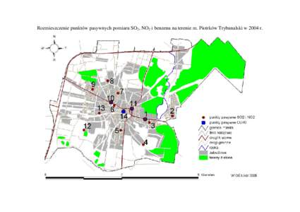 Rozmieszczenie punktów pasywnych pomiaru SO2, NO2 i benzenu na terenie m. Piotrków Trybunalski w 2004 r.  Wyniki pomiarów pasywnych SO2 w 2004 r. – wartosci stezen sredniomiesiecznych i sredniej rocznej (µg/m3) Ko