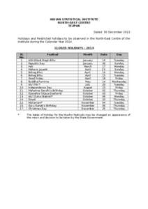 INDIAN STATISTICAL INSTITUTE NORTH-EAST CENTRE TEZPUR Dated: 30 December 2013 Holidays and Restricted holidays to be observed in the North-East Centre of the Institute during the Calendar Year 2014.