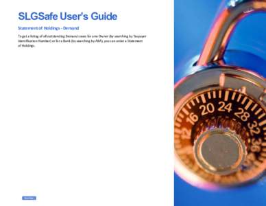 SLGSafe User’s Guide Statement of Holdings - Demand To get a listing of all outstanding Demand cases for one Owner (by searching by Taxpayer Identification Number) or for a Bank (by searching by ABA), you can order a S